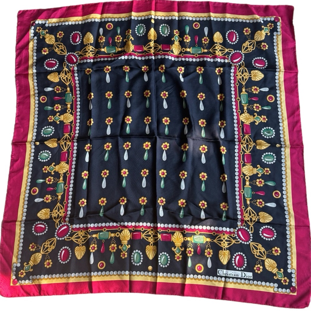 Vintage Dior Elegant Black and Gold Silk Scarf